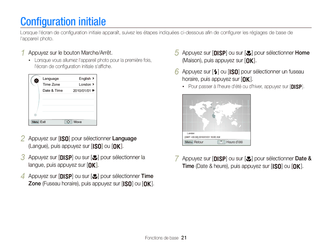 Samsung EC-WB2000BPAE1, EC-WB2000BPBE1 manual Conﬁguration initiale, Appuyez sur le bouton Marche/Arrêt 