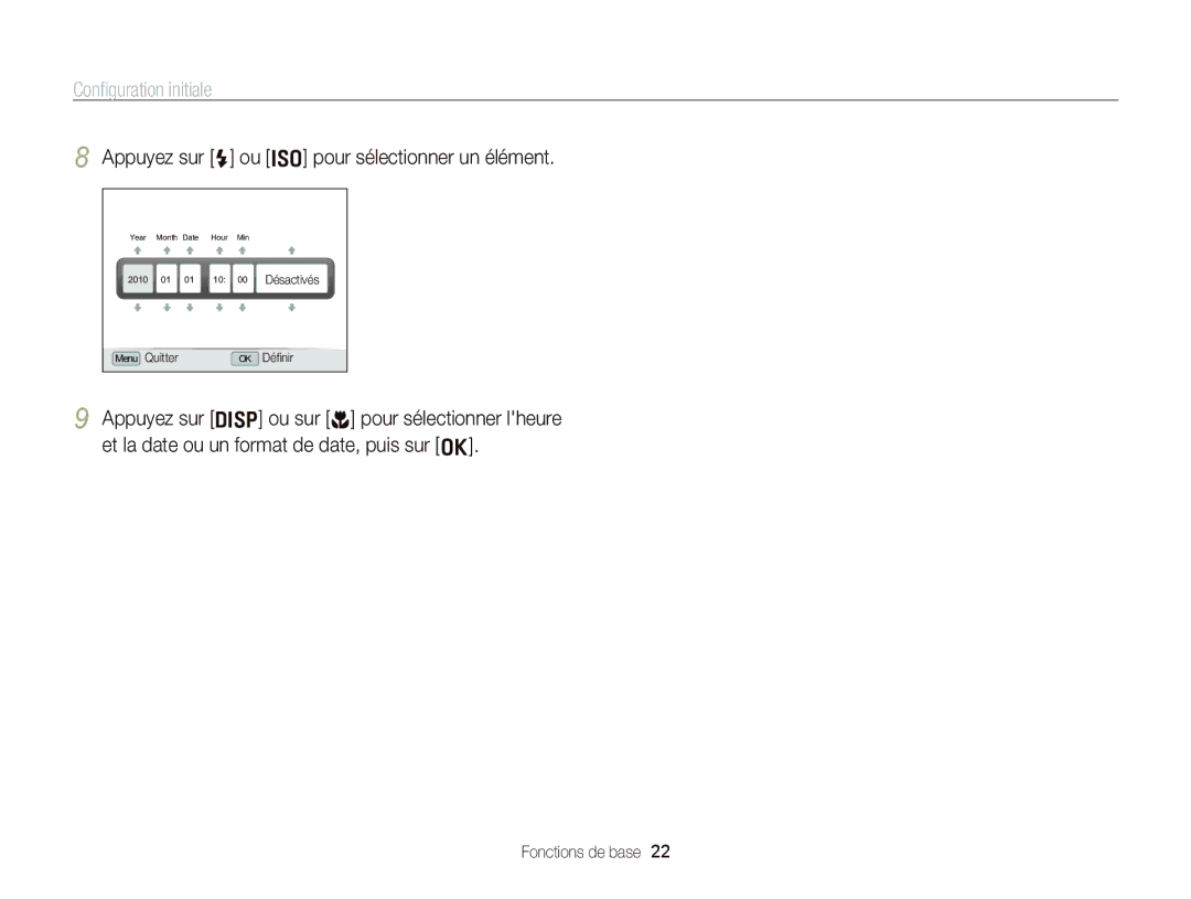 Samsung EC-WB2000BPBE1, EC-WB2000BPAE1 manual Conﬁguration initiale, Appuyez sur F ou I pour sélectionner un élément 