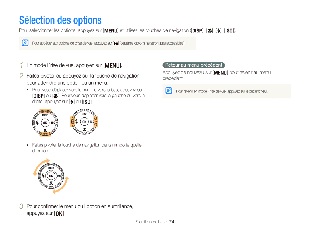 Samsung EC-WB2000BPBE1, EC-WB2000BPAE1 manual Sélection des options, Retour au menu précédent 