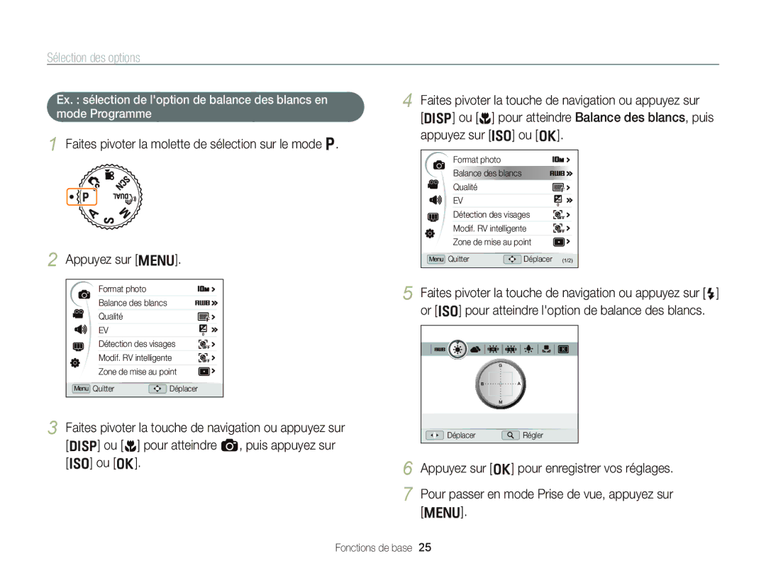 Samsung EC-WB2000BPAE1, EC-WB2000BPBE1 manual Sélection des options 