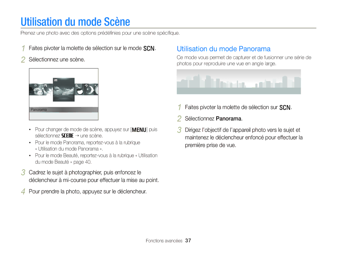 Samsung EC-WB2000BPAE1, EC-WB2000BPBE1 Utilisation du mode Scène, Utilisation du mode Panorama, Sélectionnez une scène 