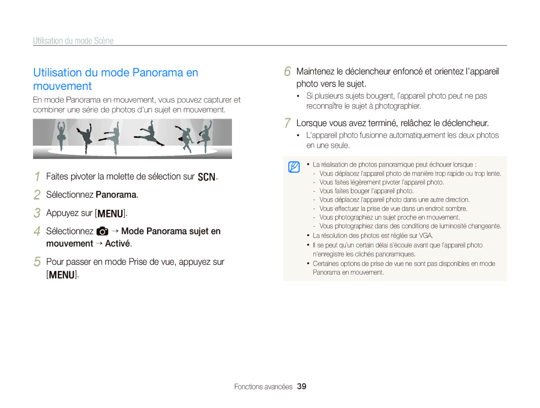 Samsung EC-WB2000BPAE1, EC-WB2000BPBE1 manual Utilisation du mode Panorama en mouvement 