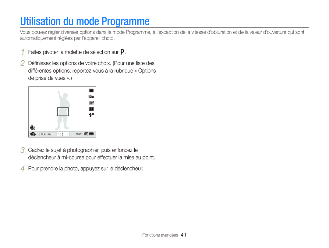 Samsung EC-WB2000BPAE1, EC-WB2000BPBE1 manual Utilisation du mode Programme 