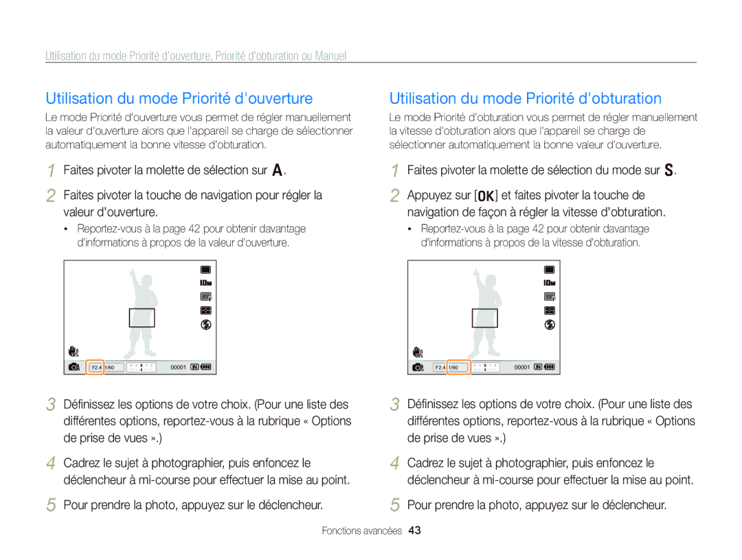 Samsung EC-WB2000BPAE1, EC-WB2000BPBE1 Utilisation du mode Priorité douverture, Utilisation du mode Priorité dobturation 