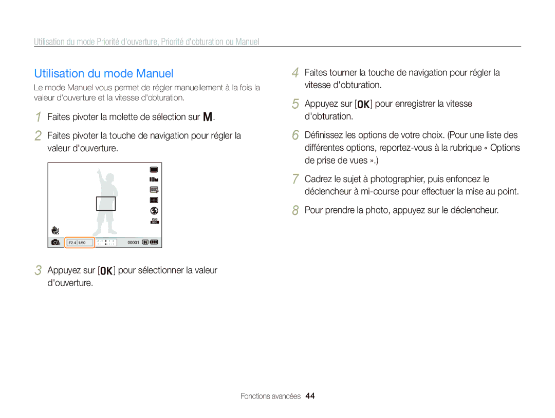 Samsung EC-WB2000BPBE1, EC-WB2000BPAE1 manual Utilisation du mode Manuel 