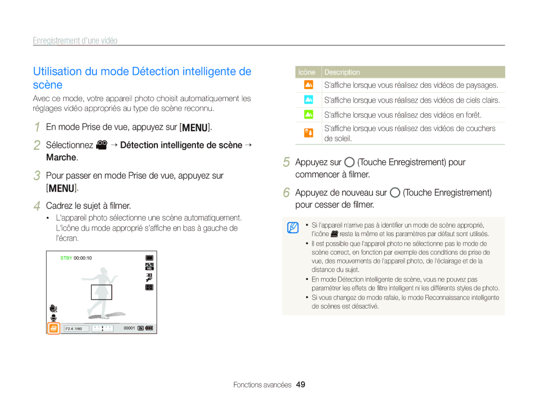 Samsung EC-WB2000BPAE1, EC-WB2000BPBE1 manual Utilisation du mode Détection intelligente de scène, Icône Description 