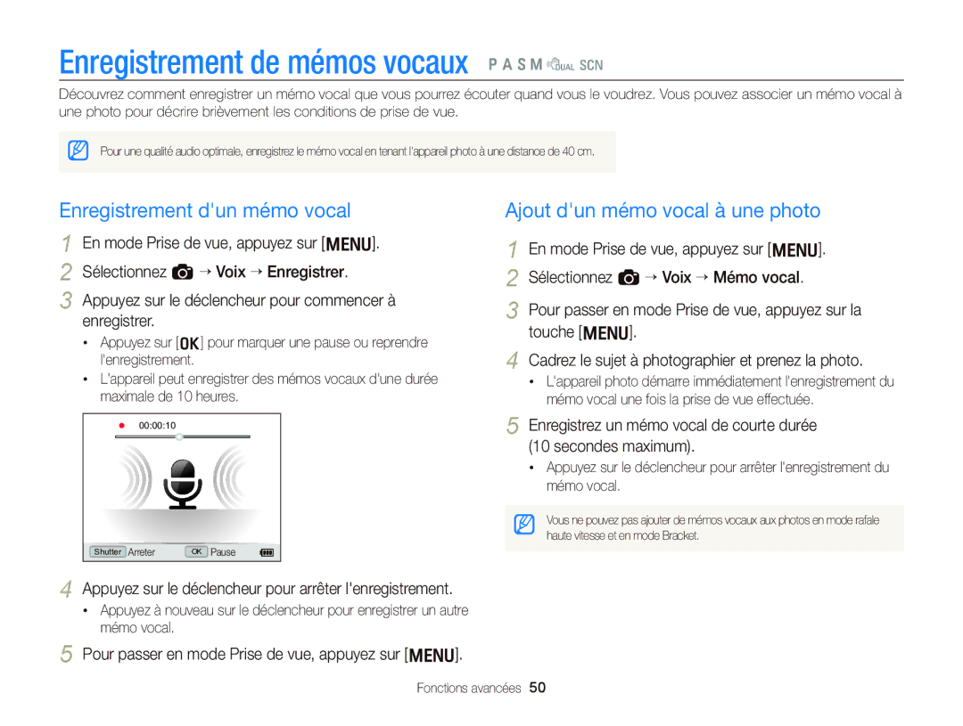 Samsung EC-WB2000BPBE1, EC-WB2000BPAE1 manual Enregistrement de mémos vocaux p a S M d s, Enregistrement dun mémo vocal 