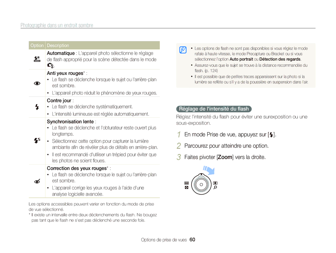 Samsung EC-WB2000BPBE1, EC-WB2000BPAE1 manual Photographie dans un endroit sombre, Faites pivoter Zoom vers la droite 