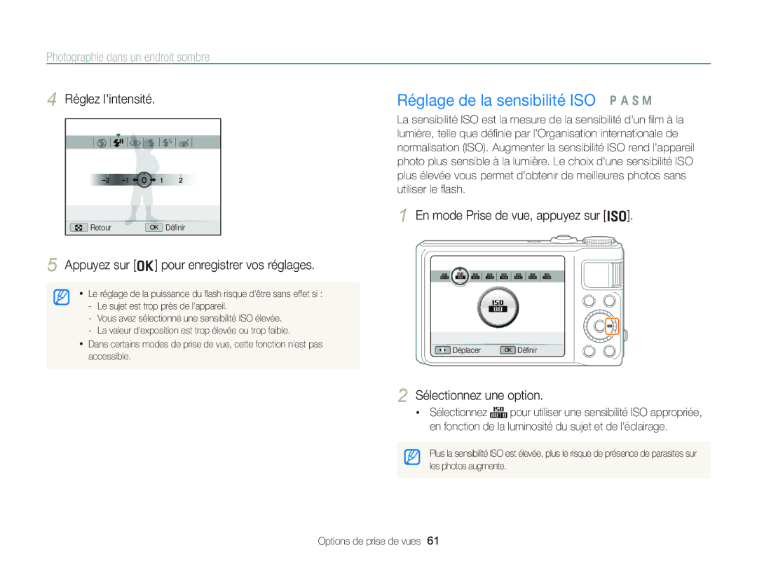 Samsung EC-WB2000BPAE1, EC-WB2000BPBE1 Réglage de la sensibilité ISO p a S M, Appuyez sur o pour enregistrer vos réglages 