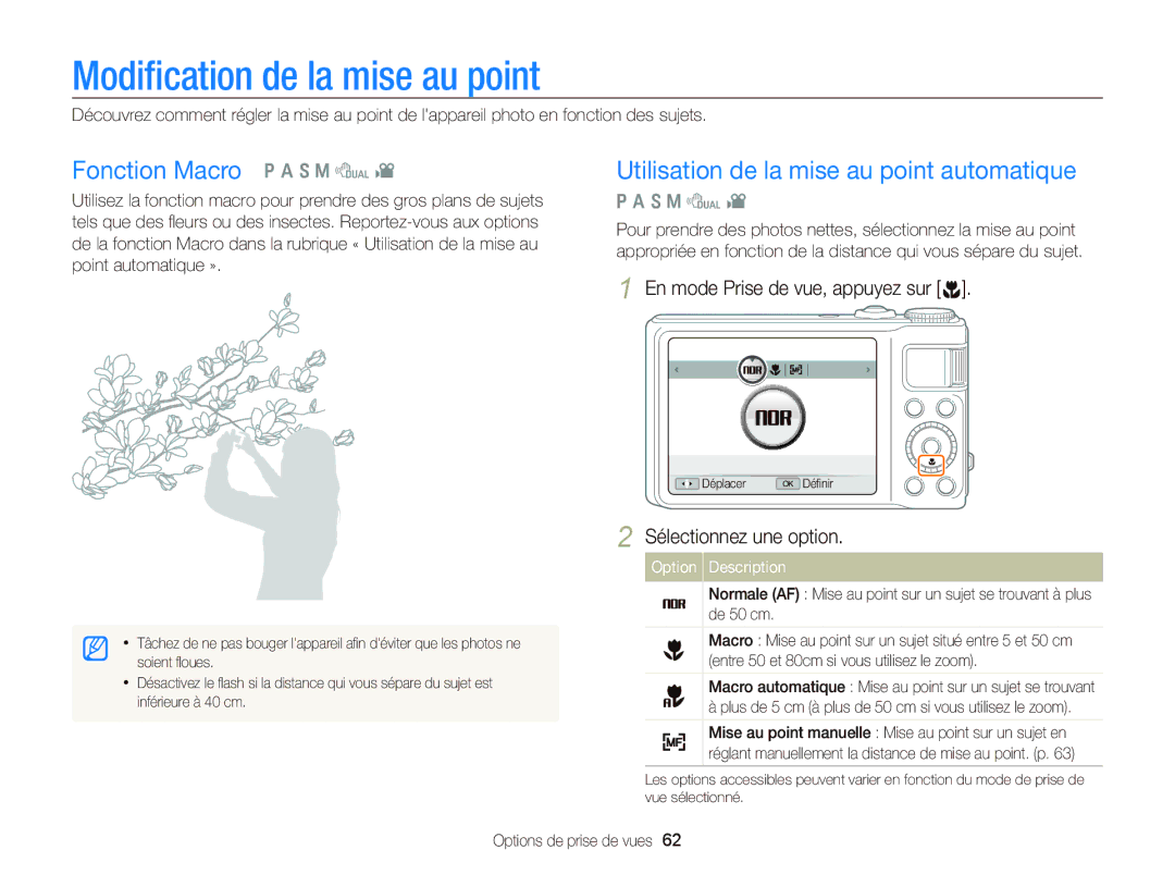 Samsung EC-WB2000BPBE1 Modiﬁcation de la mise au point, Fonction Macro p a S M d, En mode Prise de vue, appuyez sur c 