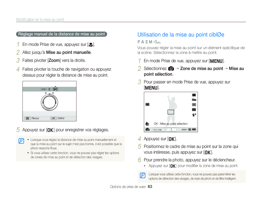 Samsung EC-WB2000BPAE1 manual Utilisation de la mise au point ciblée, Modiﬁcation de la mise au point, Appuyez sur o 