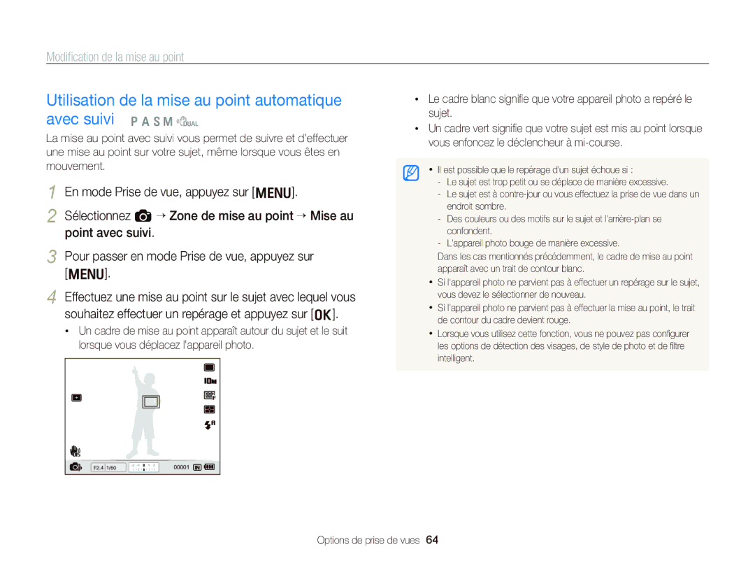 Samsung EC-WB2000BPBE1, EC-WB2000BPAE1 manual Utilisation de la mise au point automatique avec suivi 