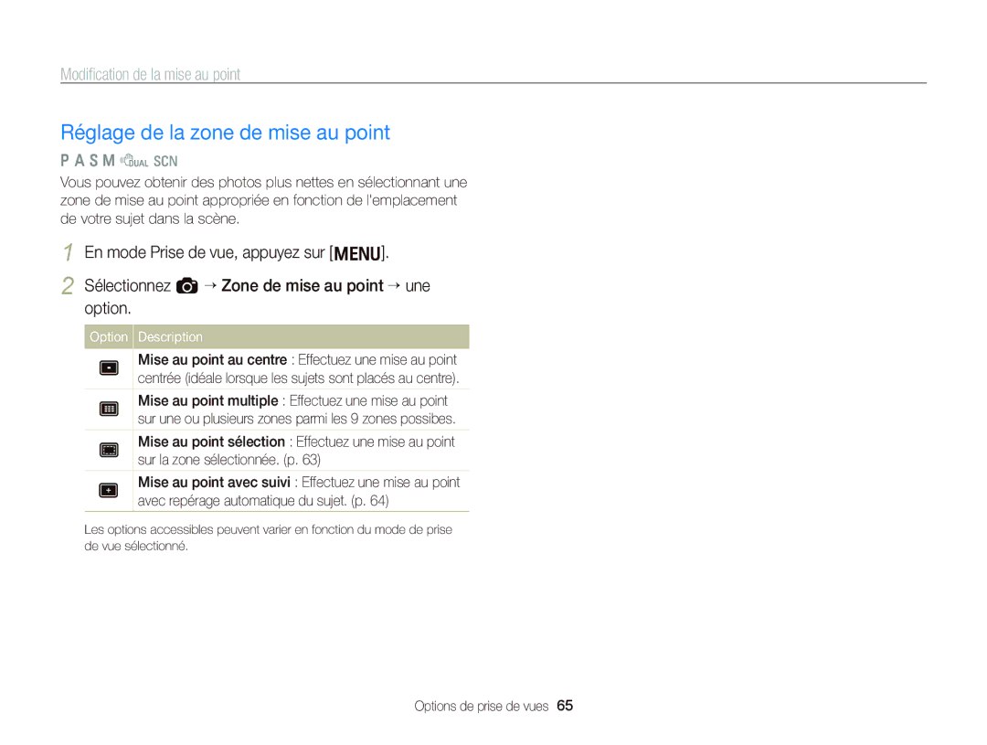 Samsung EC-WB2000BPAE1, EC-WB2000BPBE1 manual Réglage de la zone de mise au point, Option Description 