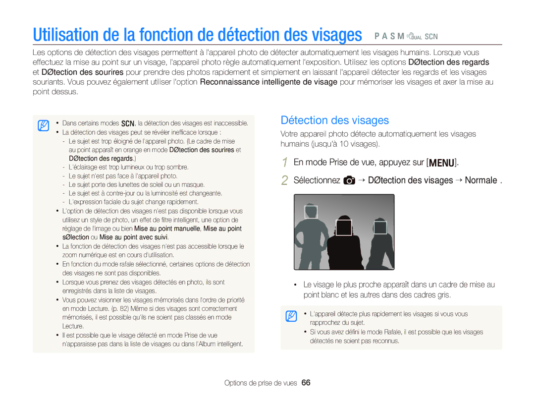 Samsung EC-WB2000BPBE1, EC-WB2000BPAE1 manual Utilisation de la fonction de détection des visages, Détection des visages 