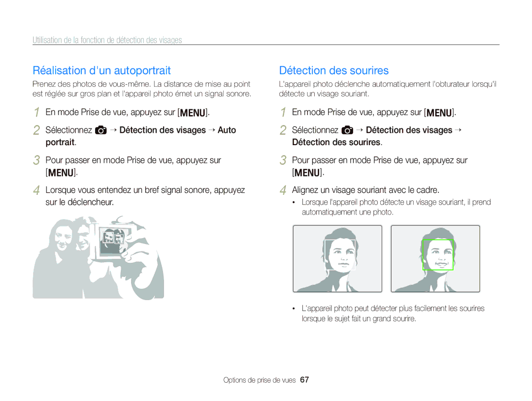 Samsung EC-WB2000BPAE1, EC-WB2000BPBE1 manual Réalisation dun autoportrait, Détection des sourires 