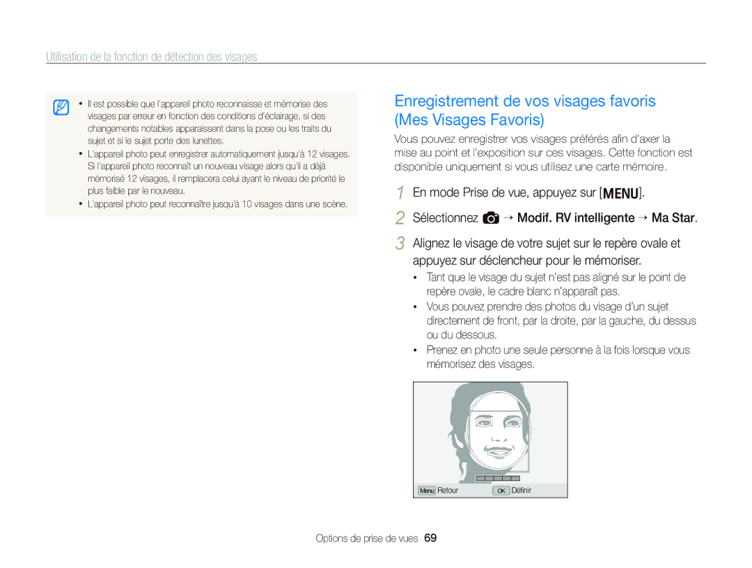 Samsung EC-WB2000BPAE1, EC-WB2000BPBE1 manual Enregistrement de vos visages favoris Mes Visages Favoris 