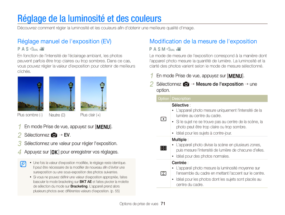 Samsung EC-WB2000BPAE1, EC-WB2000BPBE1 manual Réglage de la luminosité et des couleurs, Réglage manuel de lexposition EV 