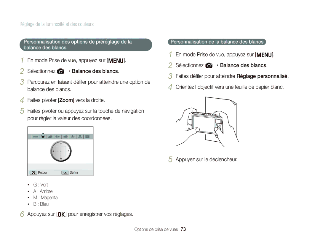 Samsung EC-WB2000BPAE1, EC-WB2000BPBE1 Pour régler la valeur des coordonnées, Personnalisation de la balance des blancs 