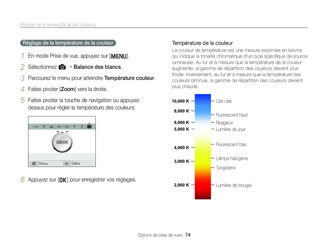 Samsung EC-WB2000BPBE1, EC-WB2000BPAE1 manual Réglage de la température de la couleur 