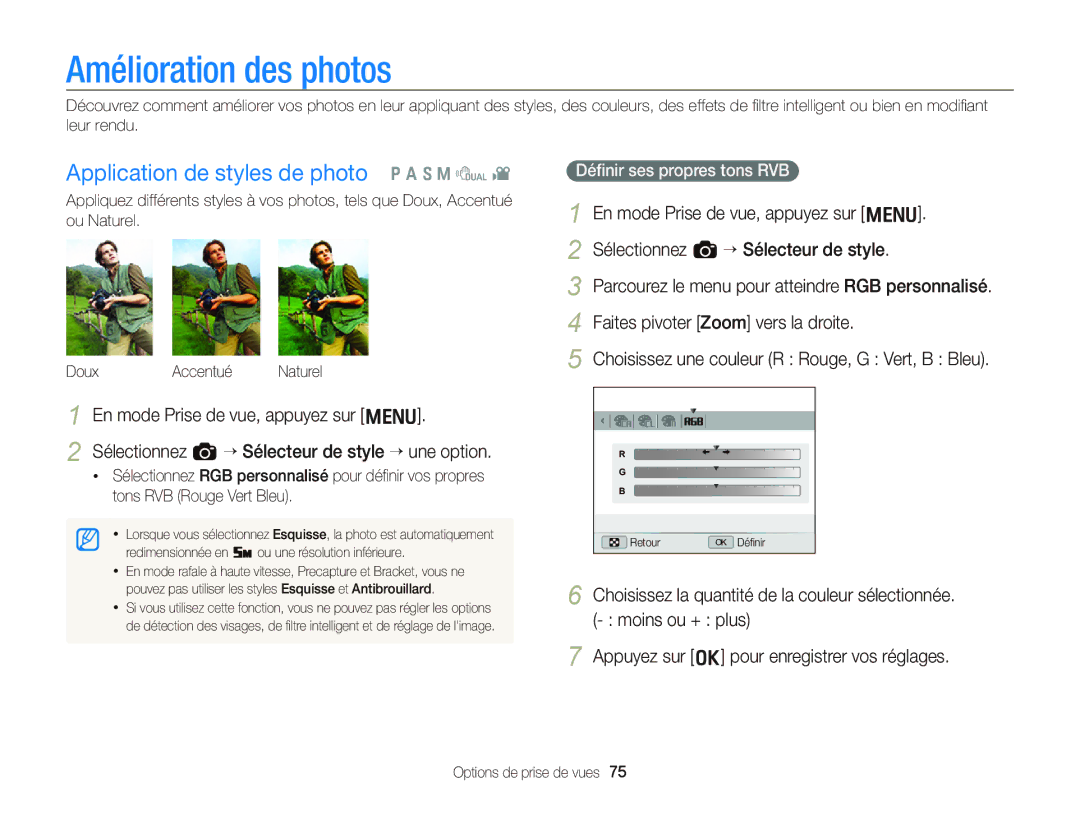 Samsung EC-WB2000BPAE1 Amélioration des photos, Application de styles de photo p a S M d, Déﬁnir ses propres tons RVB 