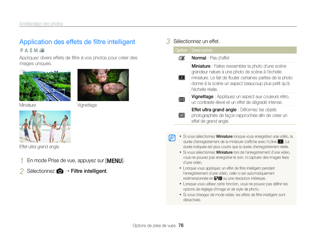 Samsung EC-WB2000BPBE1 manual Application des effets de ﬁltre intelligent, Amélioration des photos, Sélectionnez un effet 