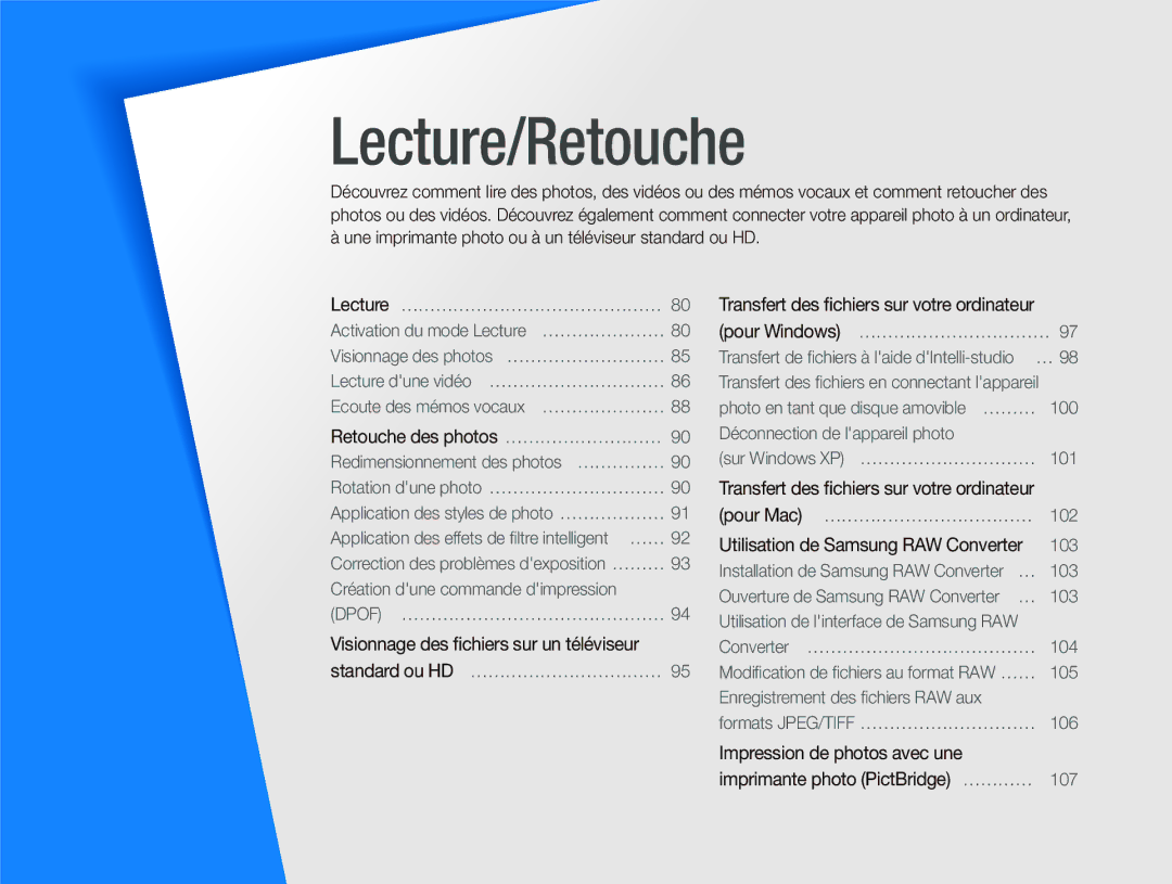 Samsung EC-WB2000BPAE1, EC-WB2000BPBE1 manual Lecture/Retouche 