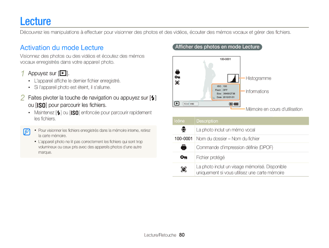 Samsung EC-WB2000BPBE1, EC-WB2000BPAE1 Activation du mode Lecture, Appuyez sur P, Afﬁcher des photos en mode Lecture 