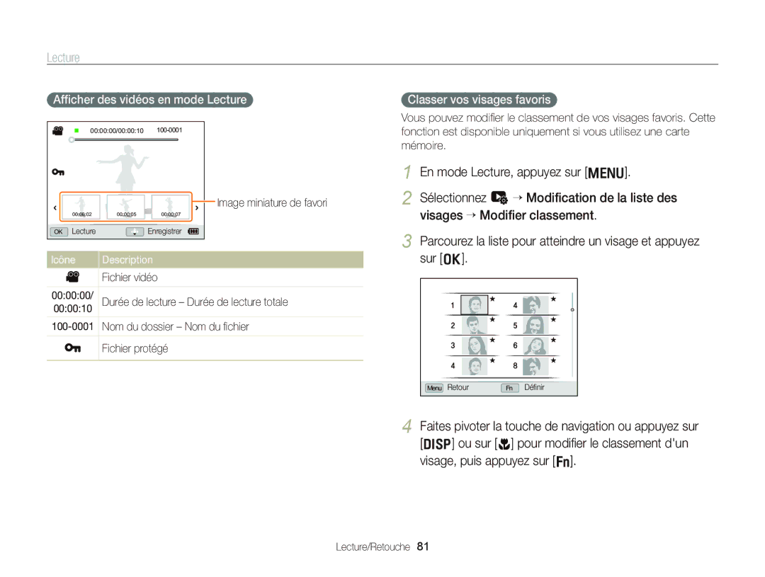 Samsung EC-WB2000BPAE1, EC-WB2000BPBE1 manual Afﬁcher des vidéos en mode Lecture, Classer vos visages favoris, Icône 