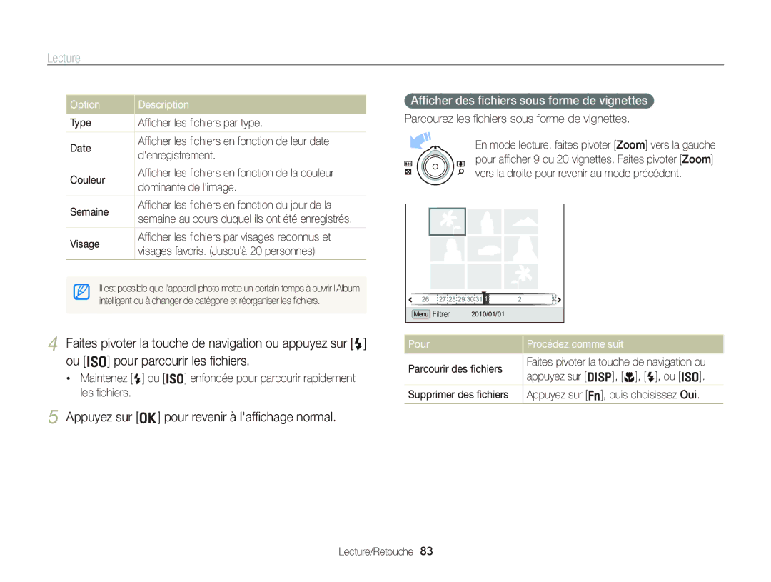 Samsung EC-WB2000BPAE1 manual Appuyez sur o pour revenir à lafﬁchage normal, Afﬁcher des ﬁchiers sous forme de vignettes 