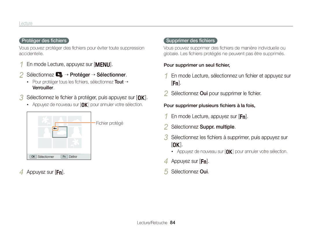 Samsung EC-WB2000BPBE1 manual Sélectionnez le ﬁchier à protéger, puis appuyez sur o, Appuyez sur f Sélectionnez Oui 