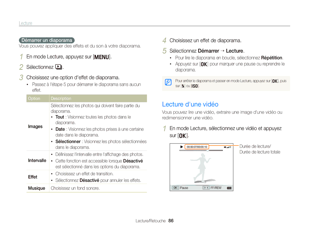 Samsung EC-WB2000BPBE1 Lecture dune vidéo, En mode Lecture, sélectionnez une vidéo et appuyez sur o, Démarrer un diaporama 