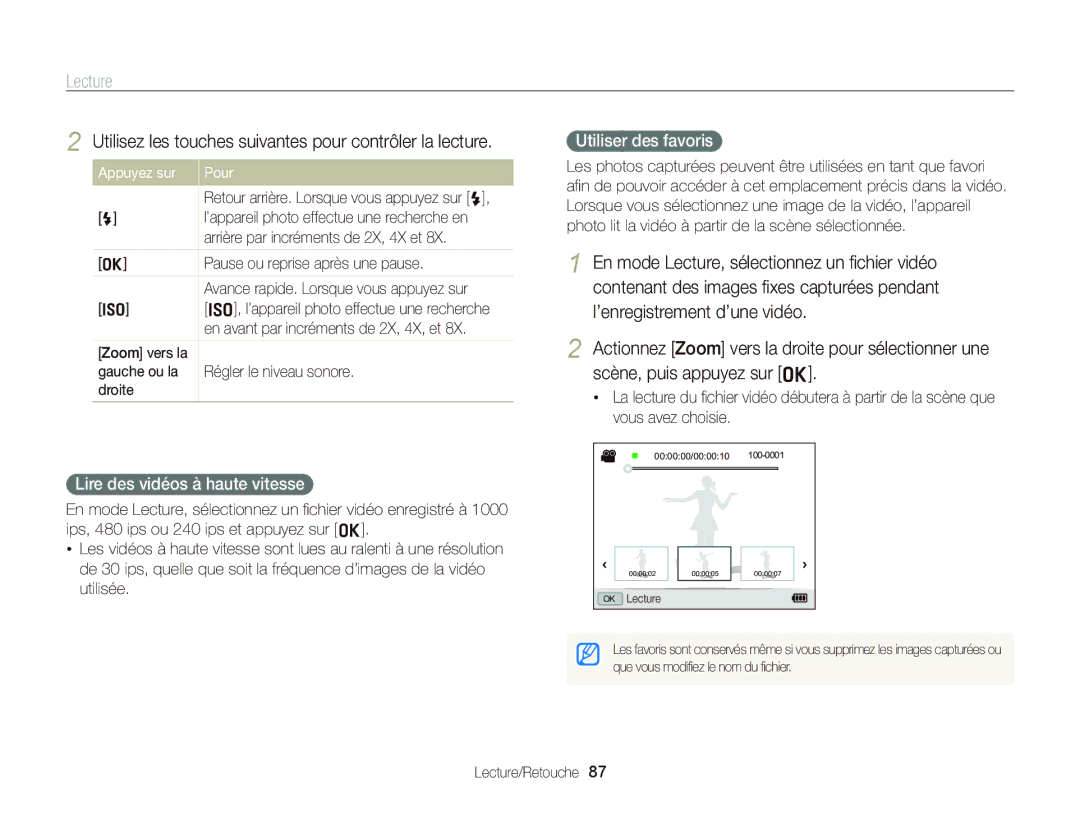 Samsung EC-WB2000BPAE1 manual Utilisez les touches suivantes pour contrôler la lecture, Lire des vidéos à haute vitesse 