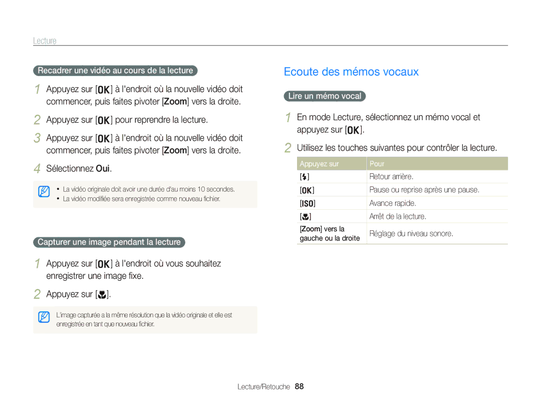 Samsung EC-WB2000BPBE1 manual Ecoute des mémos vocaux, Appuyez sur o pour reprendre la lecture, Lire un mémo vocal 