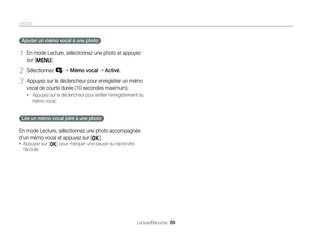 Samsung EC-WB2000BPAE1, EC-WB2000BPBE1 manual Ajouter un mémo vocal à une photo, Lire un mémo vocal joint à une photo 