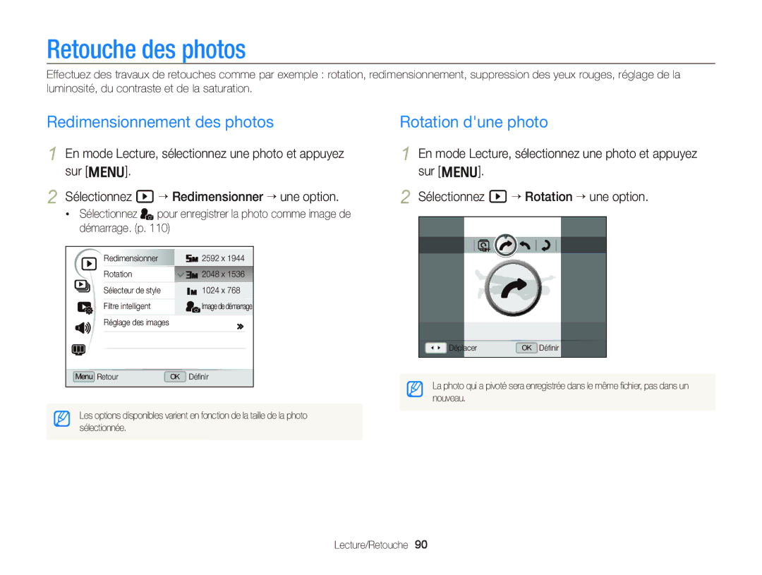 Samsung EC-WB2000BPBE1, EC-WB2000BPAE1 manual Retouche des photos, Redimensionnement des photos, Rotation dune photo 