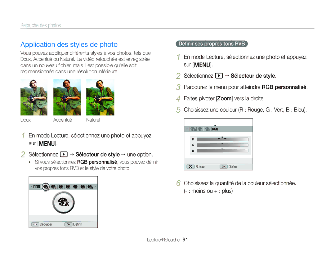 Samsung EC-WB2000BPAE1, EC-WB2000BPBE1 manual Application des styles de photo, Retouche des photos, Doux Accentué 