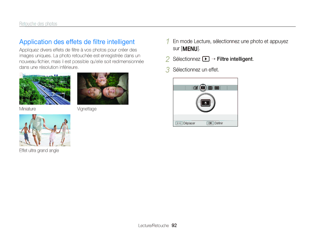 Samsung EC-WB2000BPBE1 manual Application des effets de ﬁltre intelligent, Effet ultra grand angle Lecture/Retouche 