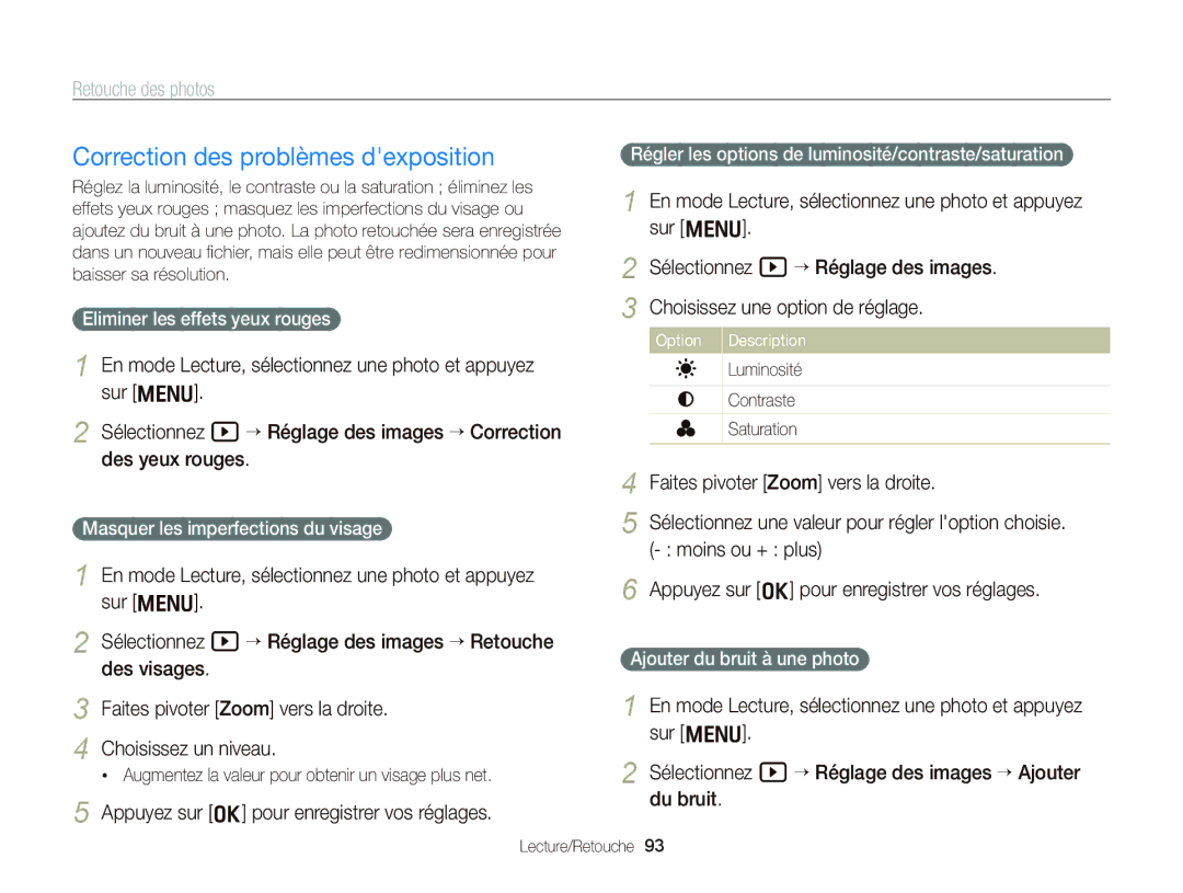 Samsung EC-WB2000BPAE1 Correction des problèmes dexposition, Eliminer les effets yeux rouges, Ajouter du bruit à une photo 