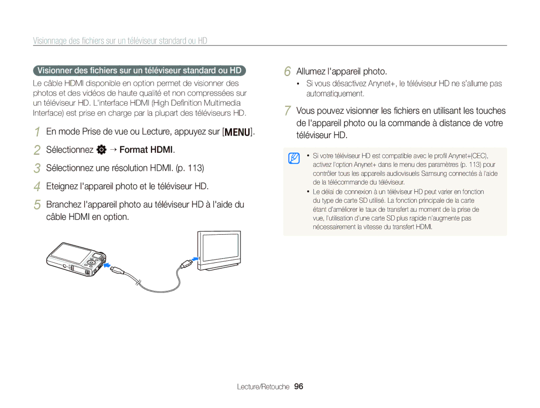 Samsung EC-WB2000BPBE1, EC-WB2000BPAE1 manual Visionnage des ﬁchiers sur un téléviseur standard ou HD 