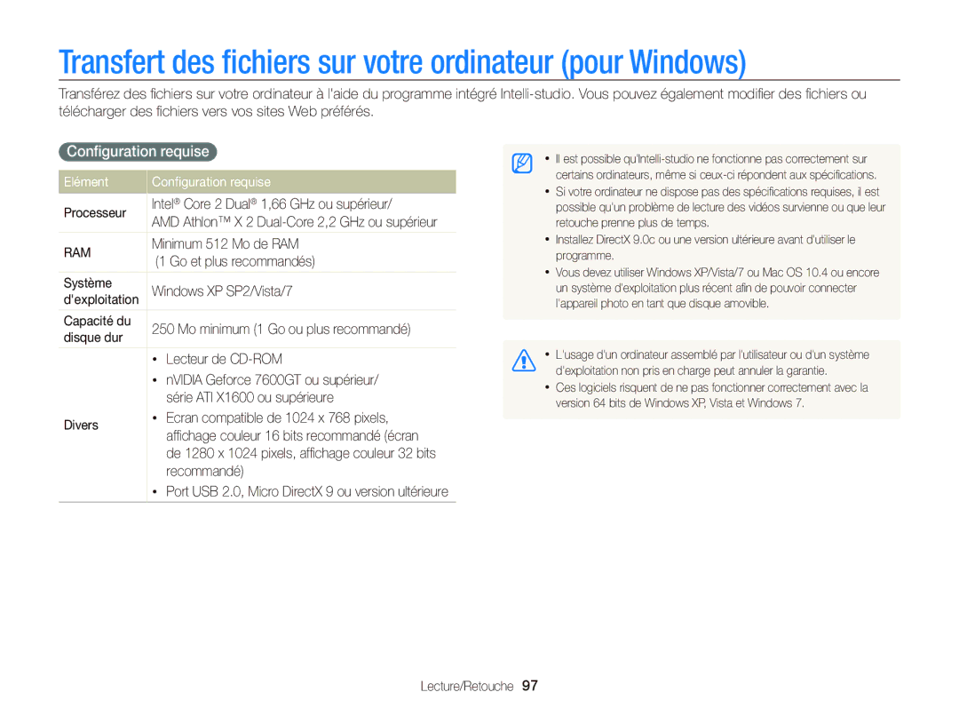 Samsung EC-WB2000BPAE1, EC-WB2000BPBE1 manual Transfert des ﬁchiers sur votre ordinateur pour Windows, Conﬁguration requise 