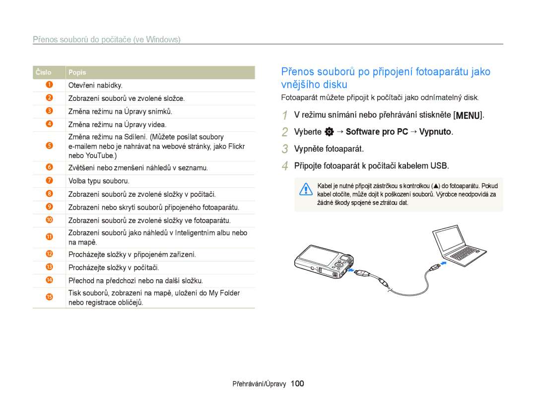 Samsung EC-WB2000BPBE3, EC-WB2000BPAE3 manual Přenos souborů po připojení fotoaparátu jako vnějšího disku 