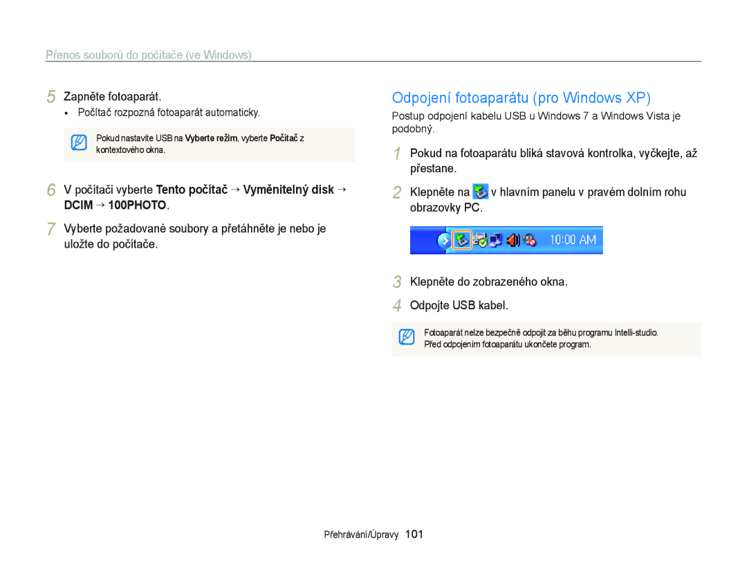 Samsung EC-WB2000BPAE3 Odpojení fotoaparátu pro Windows XP, Přestane Klepněte na, Hlavním panelu v pravém dolním rohu 