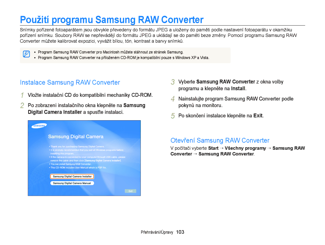 Samsung EC-WB2000BPAE3, EC-WB2000BPBE3 manual Použití programu Samsung RAW Converter, Instalace Samsung RAW Converter 