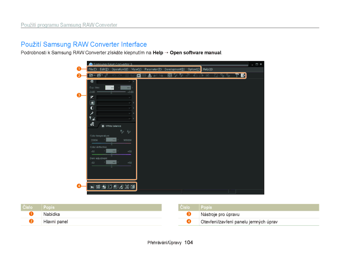 Samsung EC-WB2000BPBE3 manual Použití Samsung RAW Converter Interface, Použití programu Samsung RAW Converter, Nabídka 