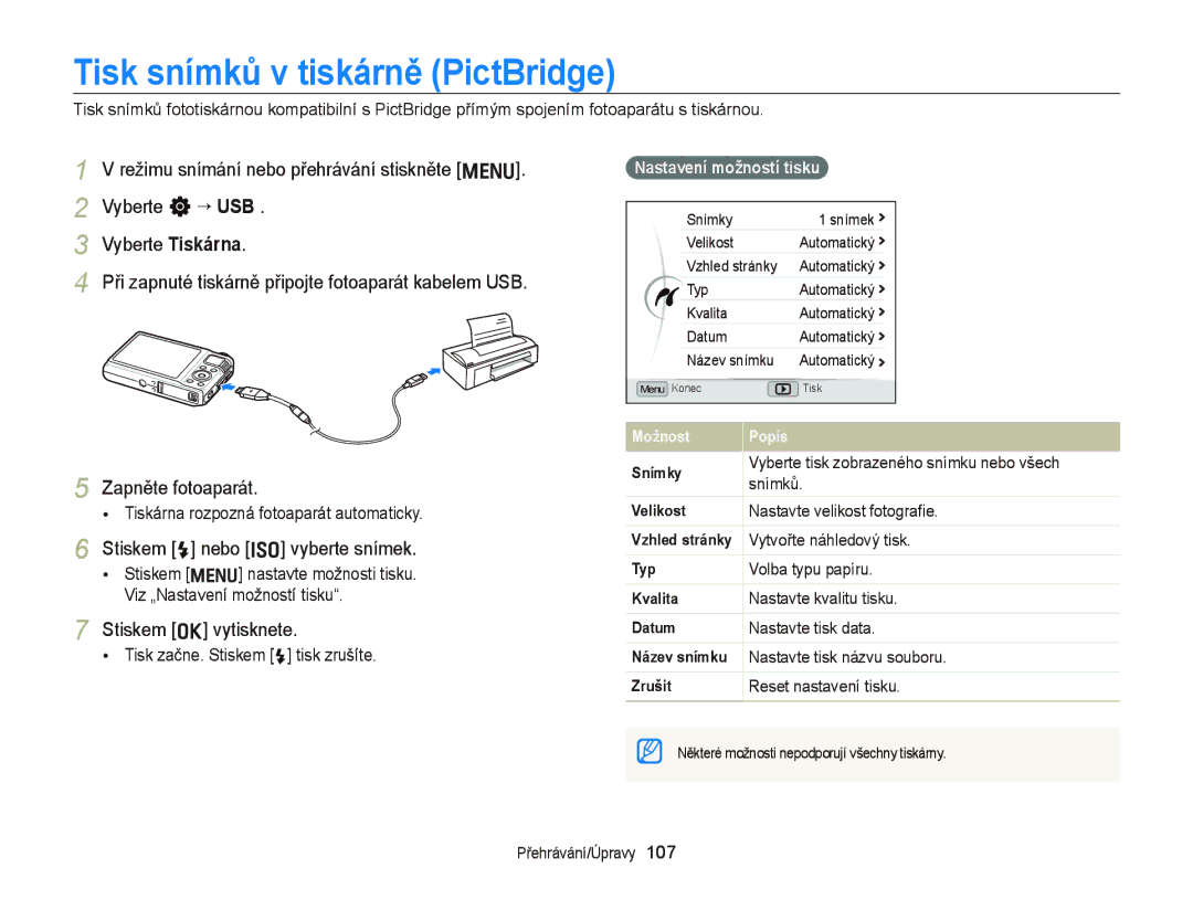 Samsung EC-WB2000BPAE3 manual Tisk snímků v tiskárně PictBridge, Stiskem F nebo I vyberte snímek, Stiskem o vytisknete 