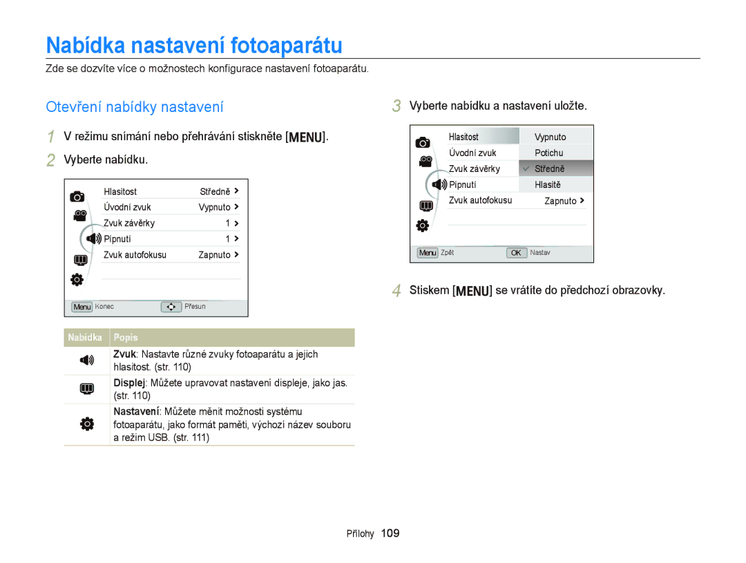 Samsung EC-WB2000BPAE3 manual Nabídka nastavení fotoaparátu, Otevření nabídky nastavení, Vyberte nabídku a nastavení uložte 