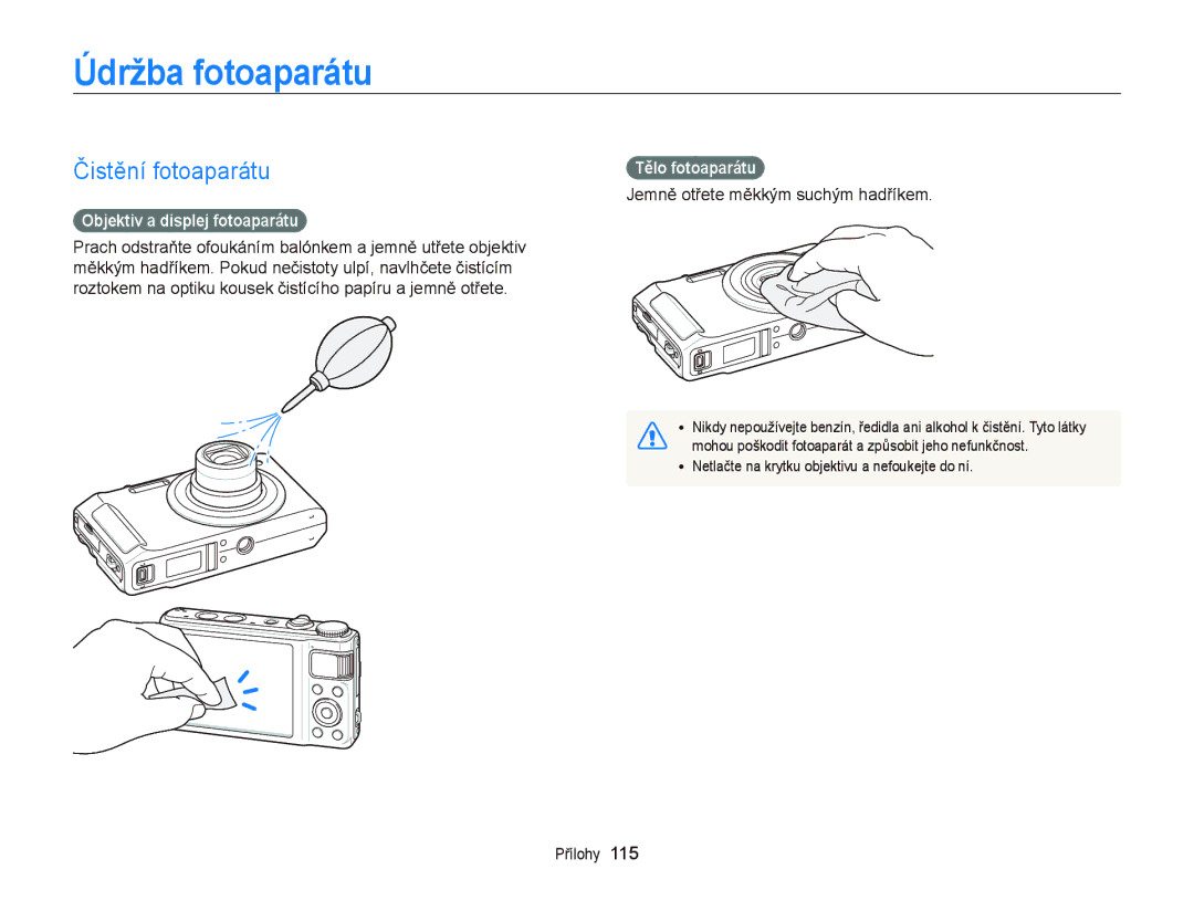 Samsung EC-WB2000BPAE3 manual Údržba fotoaparátu, Čistění fotoaparátu, Objektiv a displej fotoaparátu, Tělo fotoaparátu 