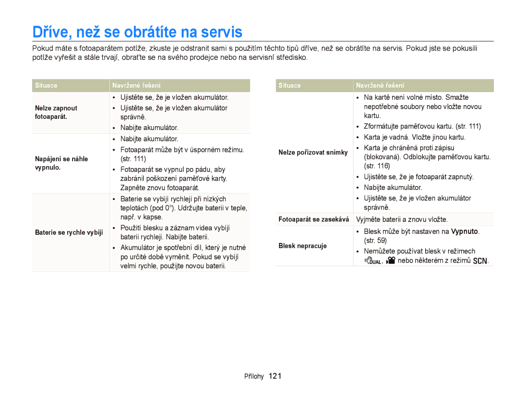 Samsung EC-WB2000BPAE3, EC-WB2000BPBE3 manual Dříve, než se obrátíte na servis 