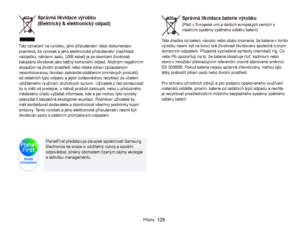 Samsung EC-WB2000BPBE3 manual Správná likvidace baterie výrobku, Správná likvidace výrobku Elektrický & elektronický odpad 