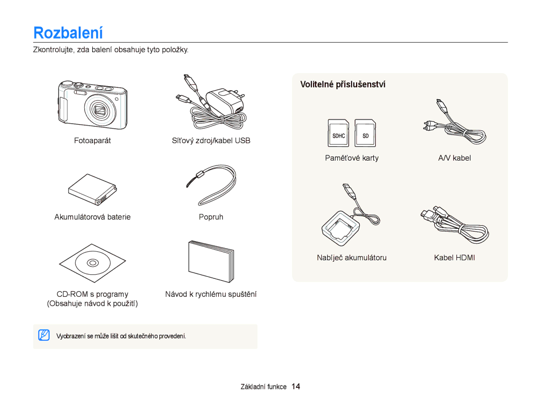 Samsung EC-WB2000BPBE3, EC-WB2000BPAE3 manual Rozbalení, Volitelné příslušenství 